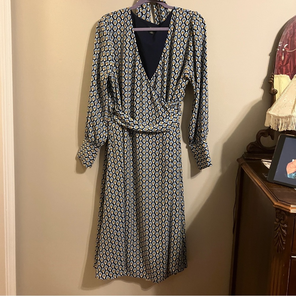 Halogen Patterned Wrap Dress - L (blue/turq/yellow)
